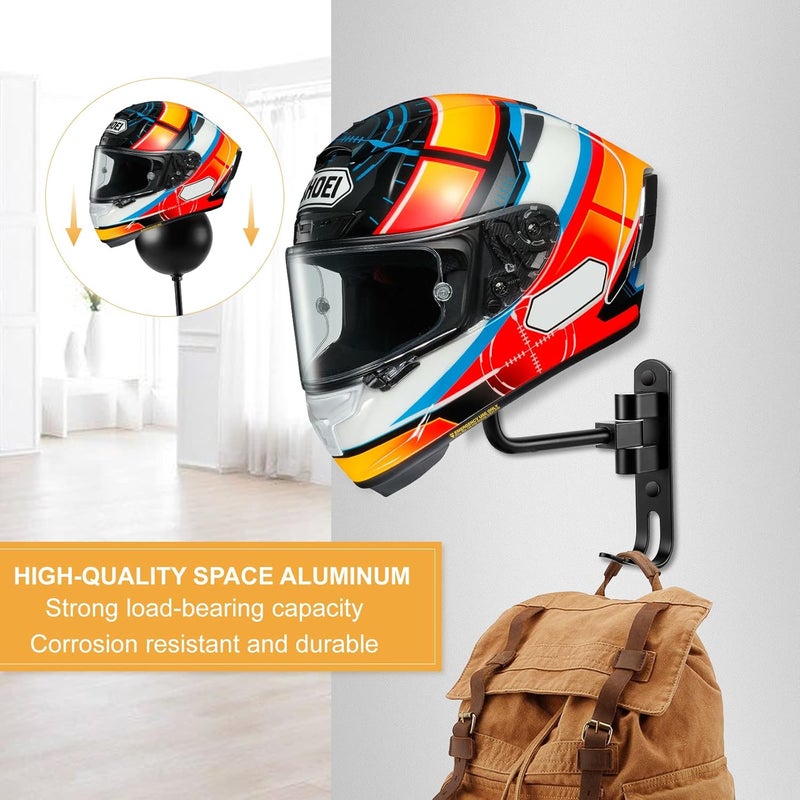 PAHTTO Motorcycle Helmet Holder, Helmet Rack Wall Mount 180 Degree Rotation Helmet Hanger with Double Hook for Coats, Caps, Hats, Motorcycle Accessories - Image 2